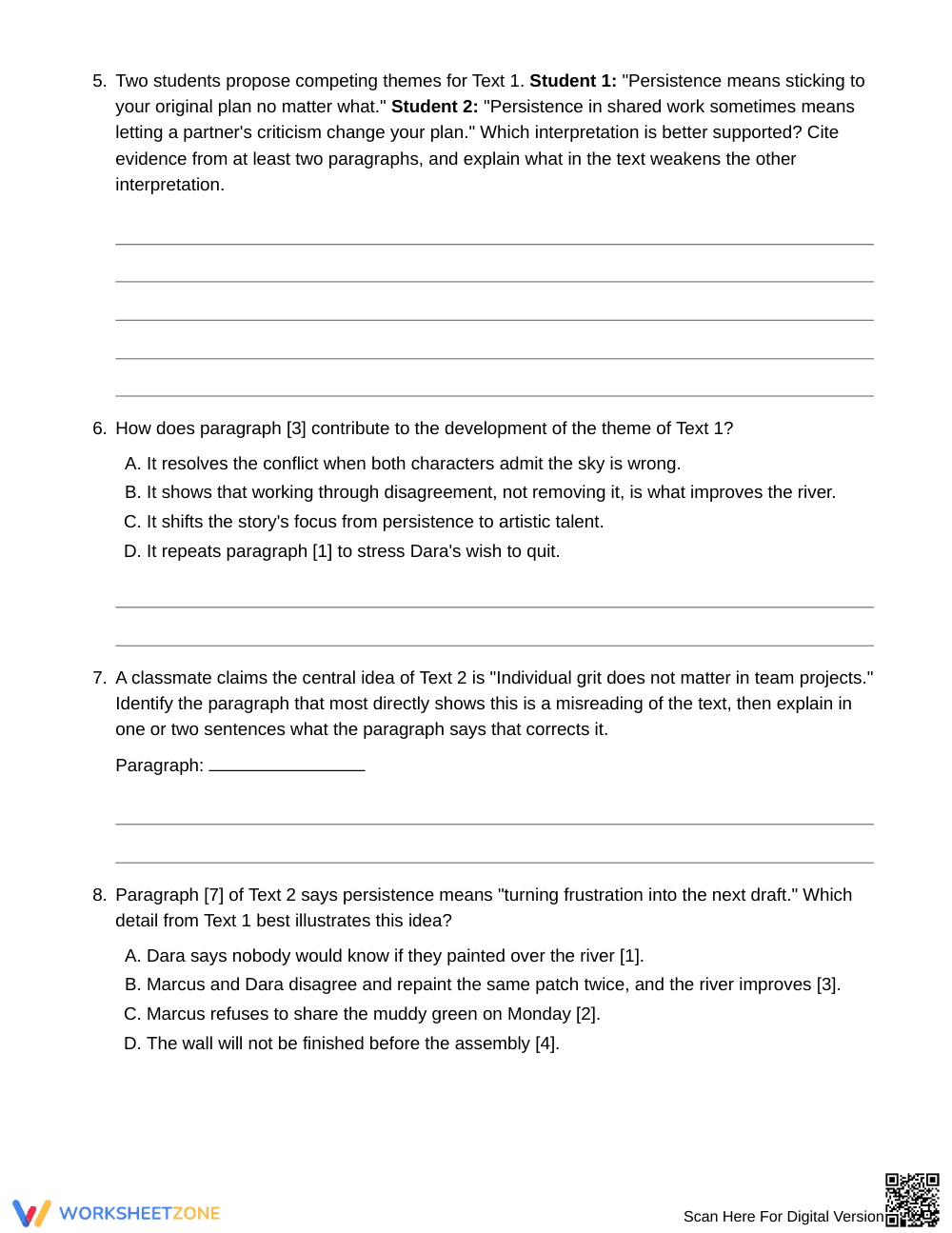 Printable Theme vs. Central Idea Worksheet | Grade 8 ELA - Page 4