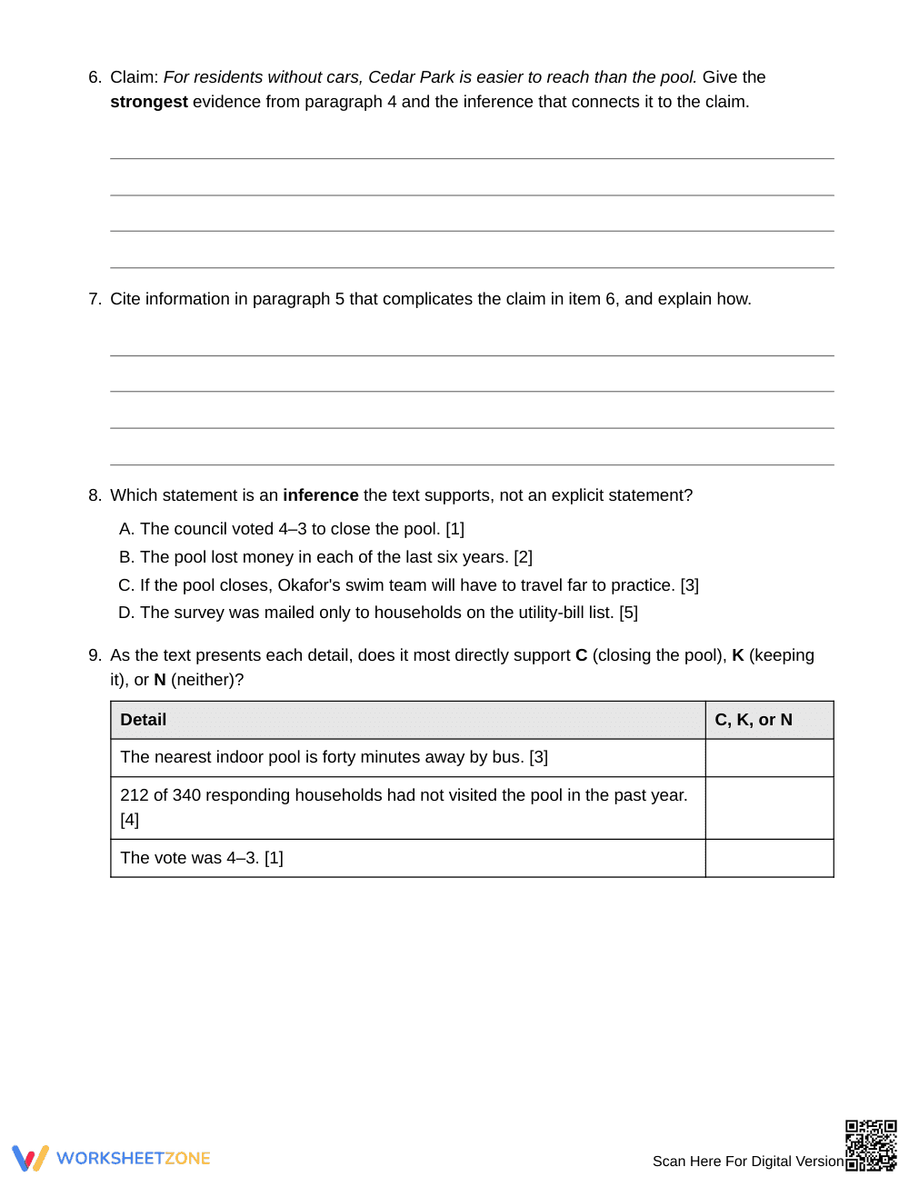 Printable Evidence & Inference Worksheet | Grade 8 ELA - Page 4