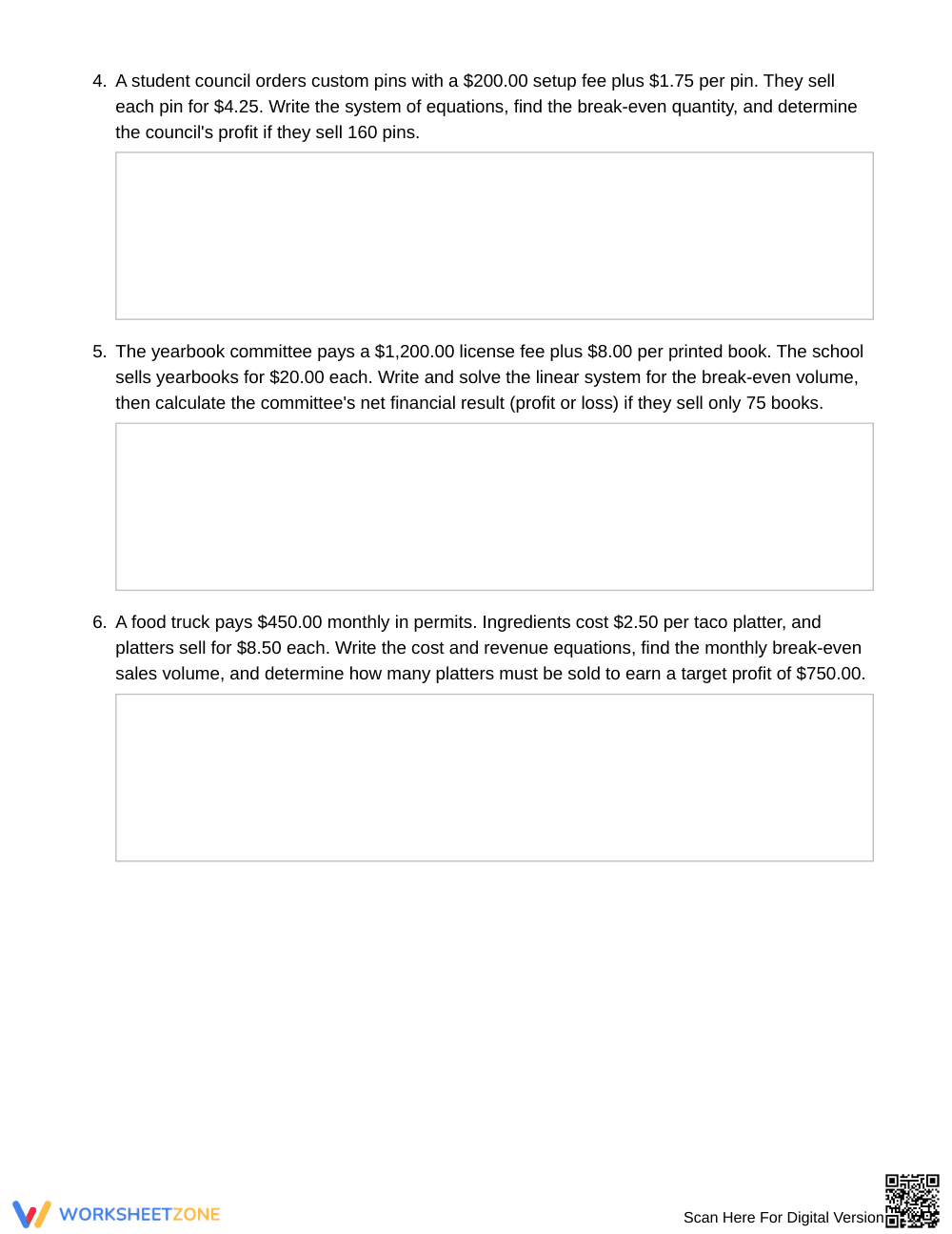 Complete Break-Even Systems Worksheet | Grade 8 Math - Page 3