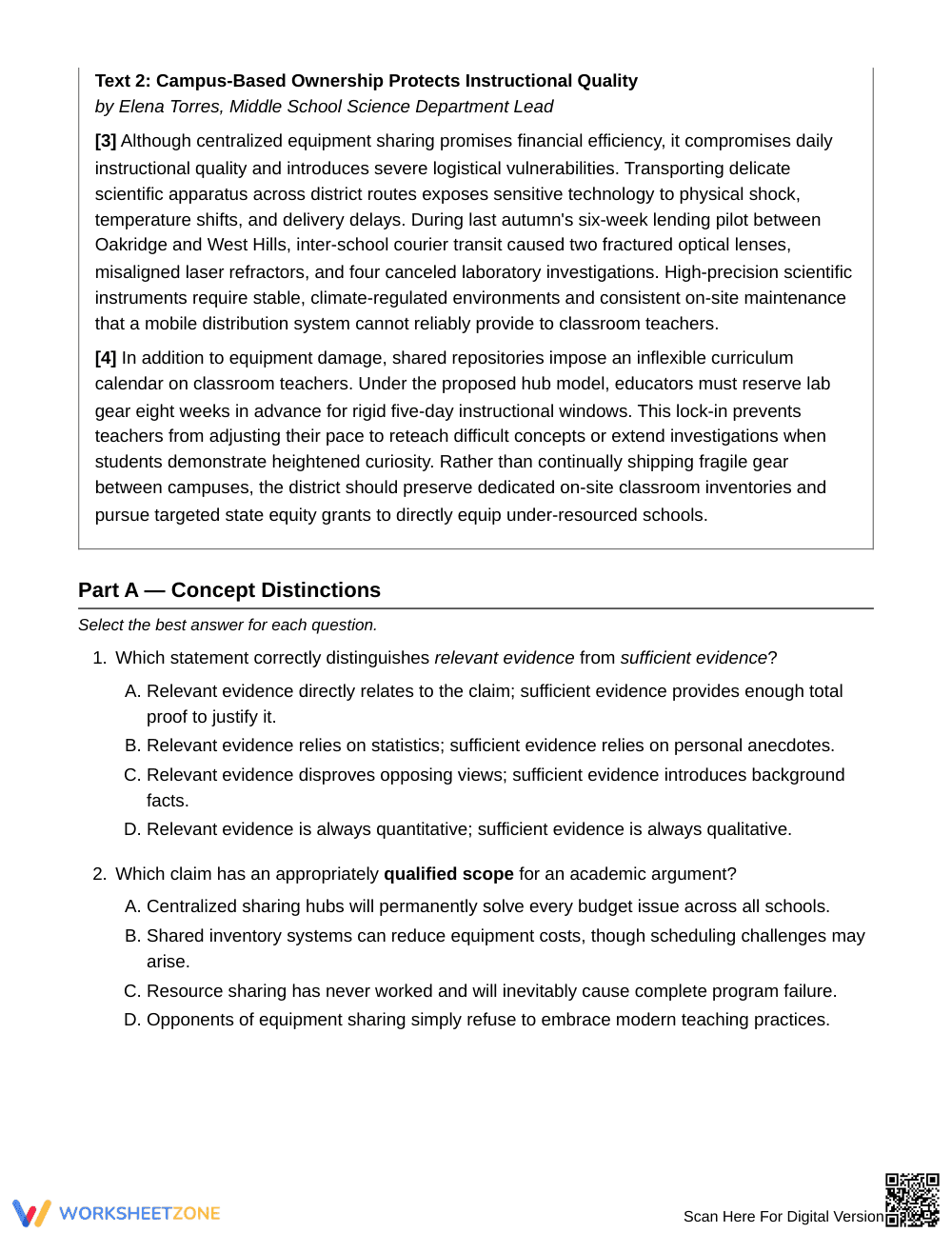 Complete Claim Scope & Reasons Worksheet | Grade 8 ELA - Page 2