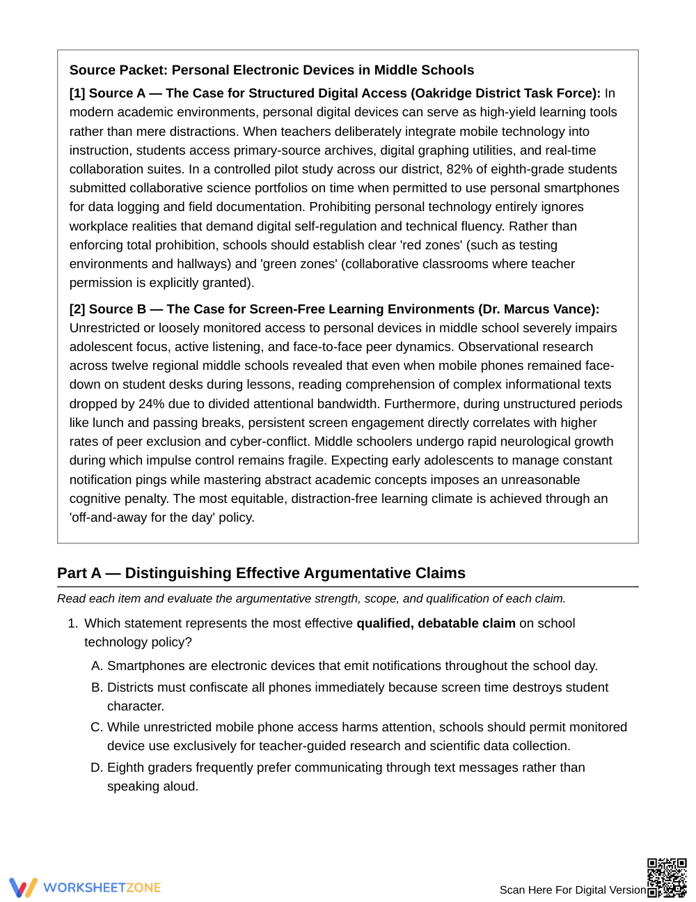 Essential Debatable Claims Worksheet | Grade 8 ELA - Page 2