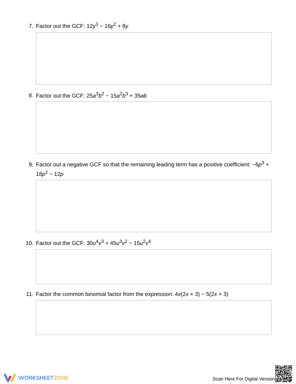 Complete GCF Factoring Worksheet | Grade 9 Algebra I - Page 3