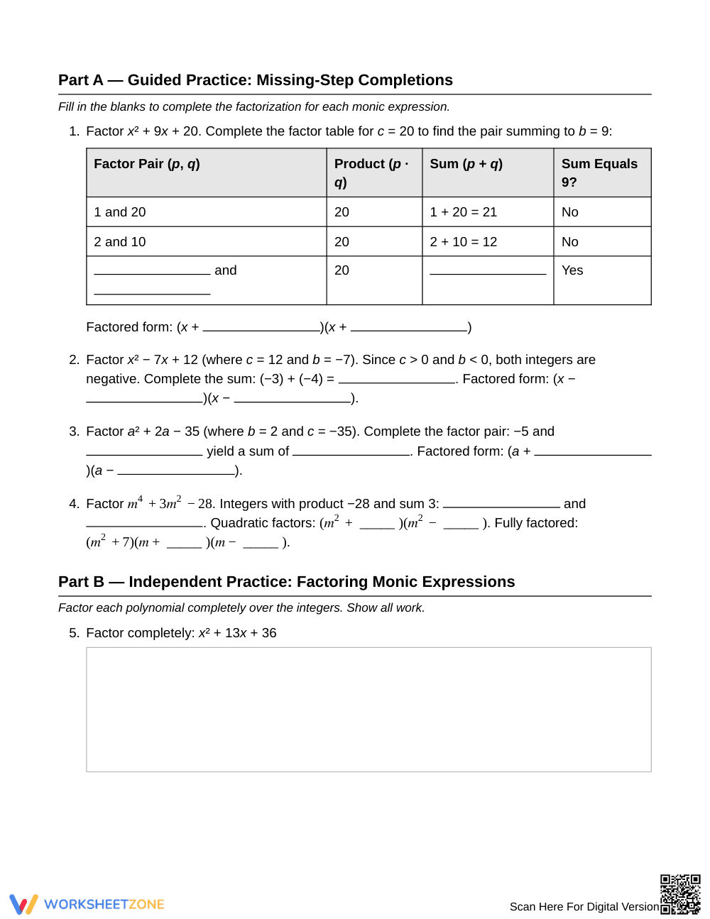 Ready Factor a Monic Trinomial Worksheet | Grade 9 Algebra I - Page 2