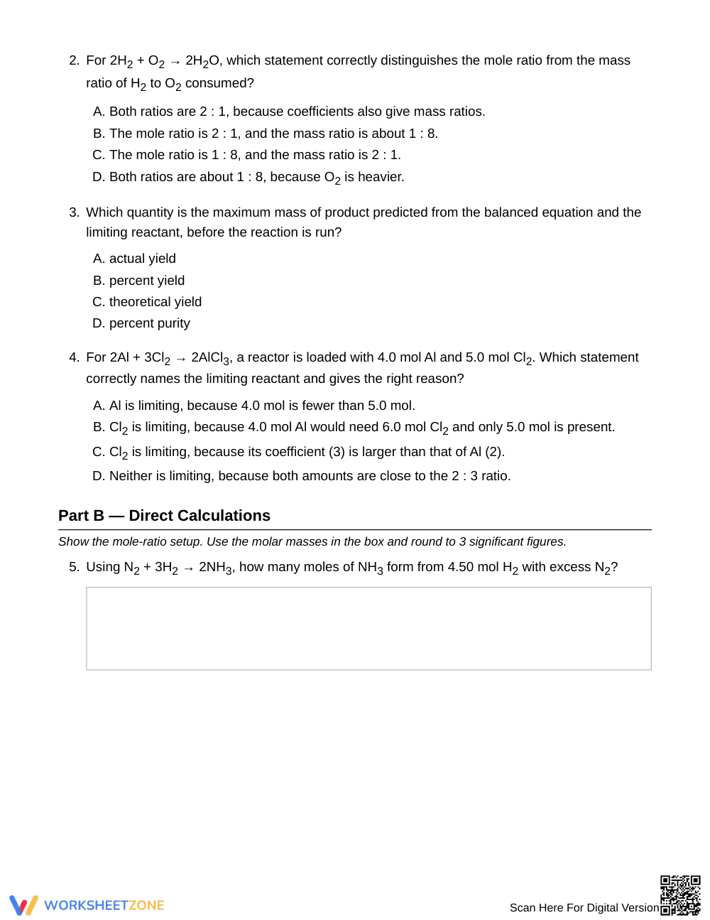 Printable Mole Ratio & Yield Worksheet | Grade 11 Chemistry - Page 2