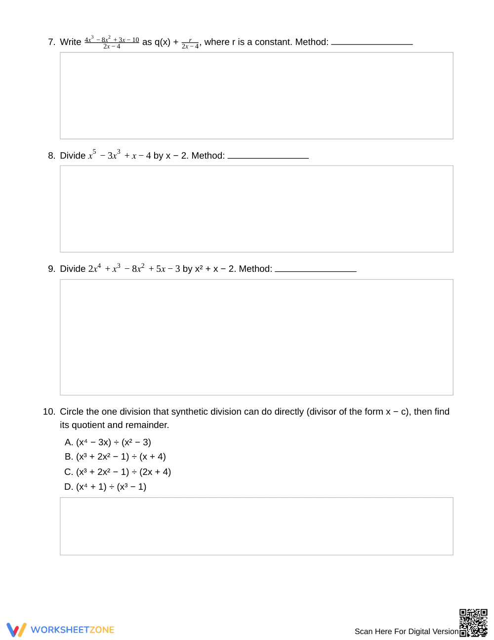 Complete Polynomial Division Worksheet | Grade 11 Algebra II - Page 3