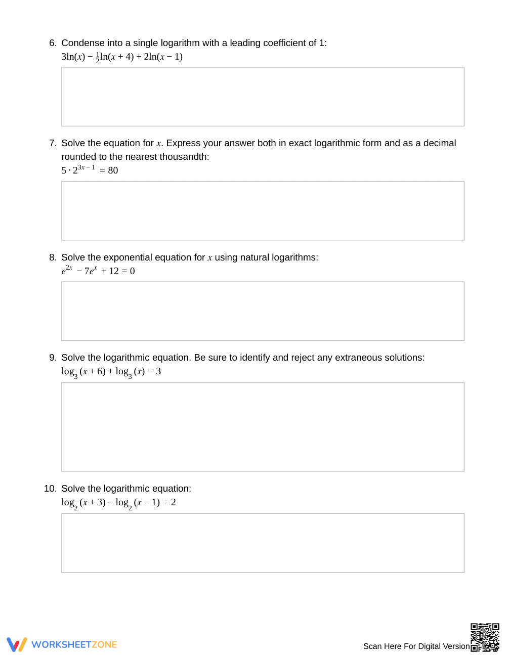 Ready Logarithm Equations Worksheet | Grade 11 Algebra II - Page 3