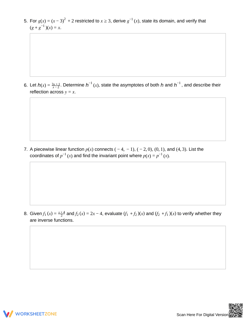 Complete Function Inverses Worksheet | Grade 12 Precalculus - Page 3