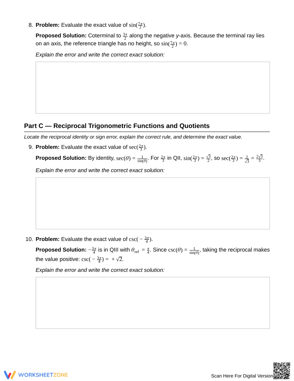 Complete Unit Circle Errors Worksheet | Grade 12 Precalculus - Page 4