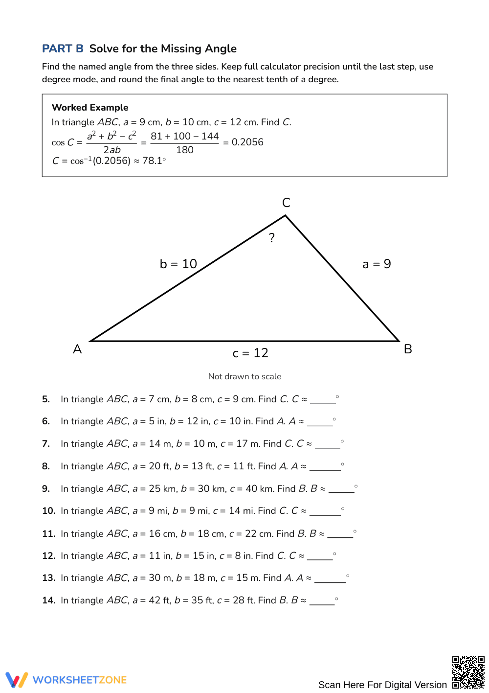 Printable Law of Cosines SSS Worksheet | Grades 10-12 Math - Page 2
