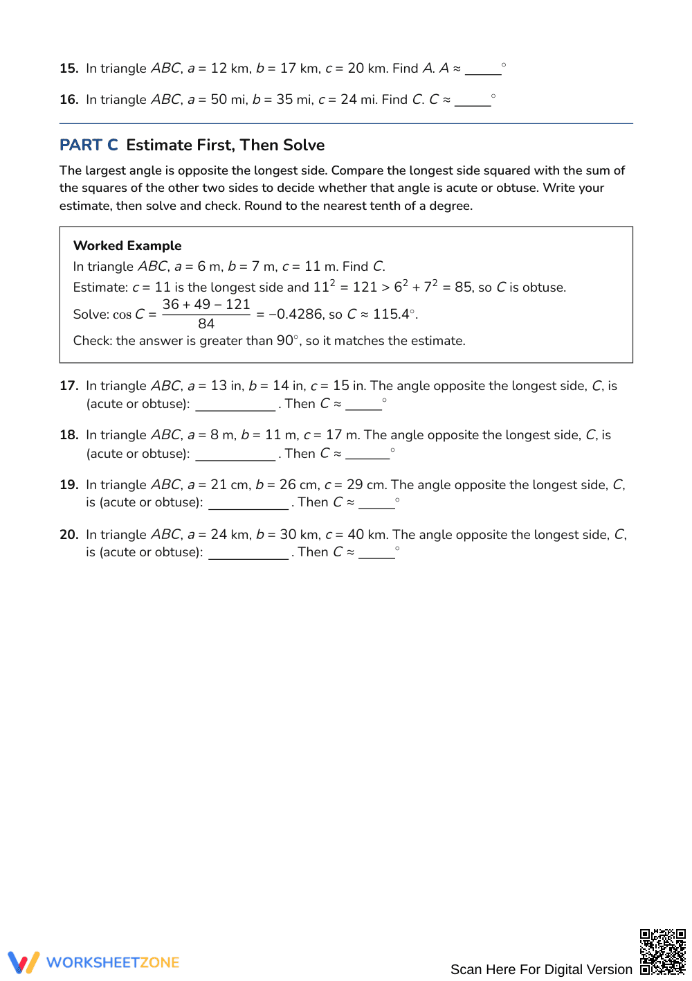 Printable Law of Cosines SSS Worksheet | Grades 10-12 Math - Page 3