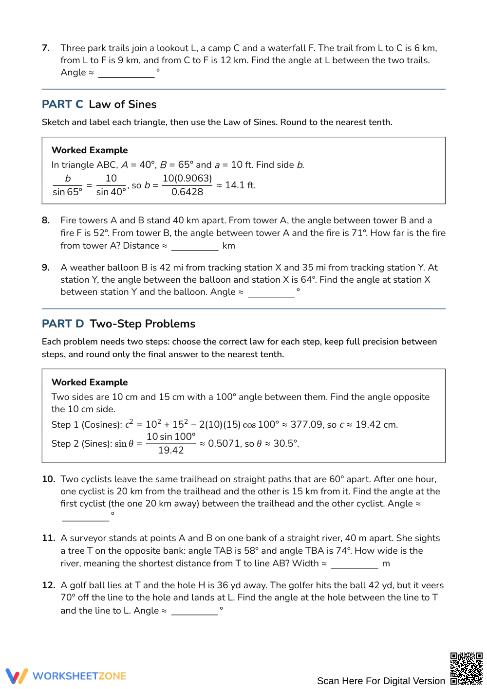 Aligned Law of Sines & Cosines Worksheet | Grades 10–12 Math - Page 2
