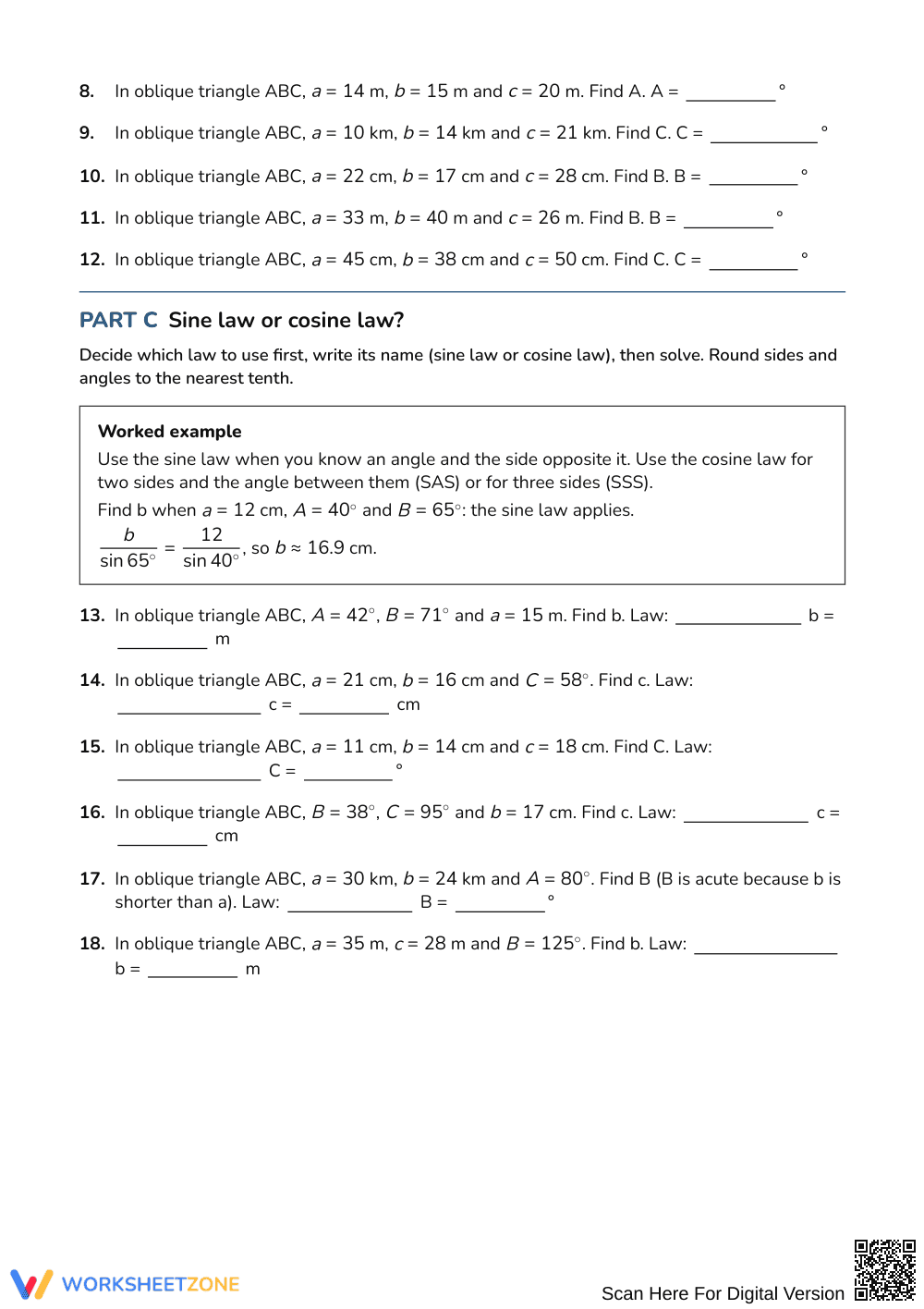 Printable Cosine Law Worksheet | Grade 10–11 Math - Page 2
