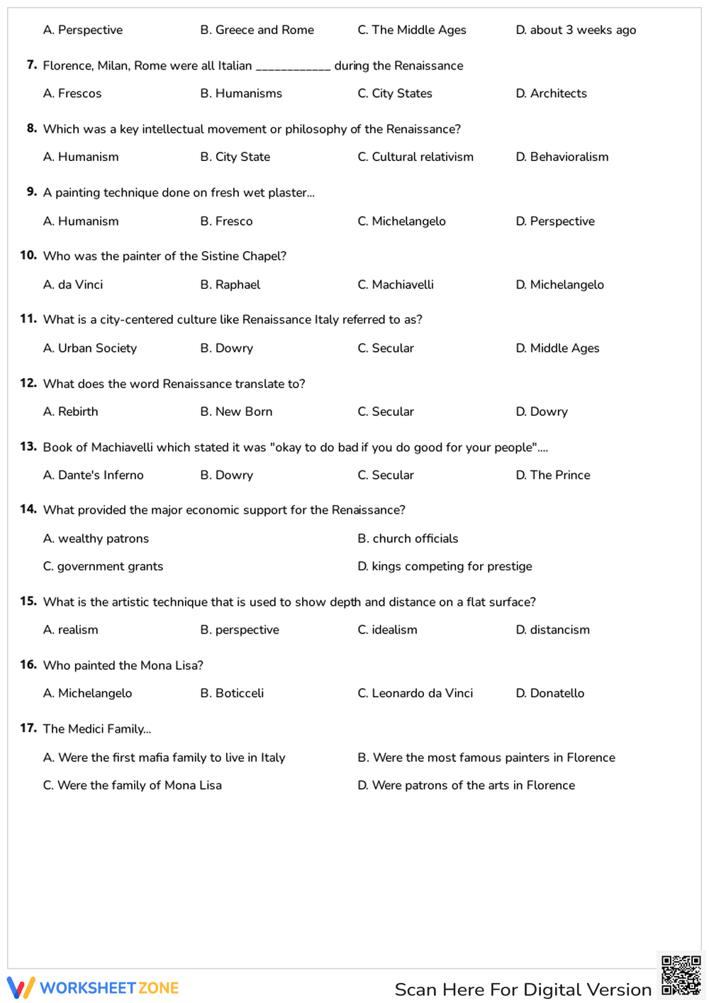 Renaissance Art History | Grade 6-8 Printable Quiz - Page 2