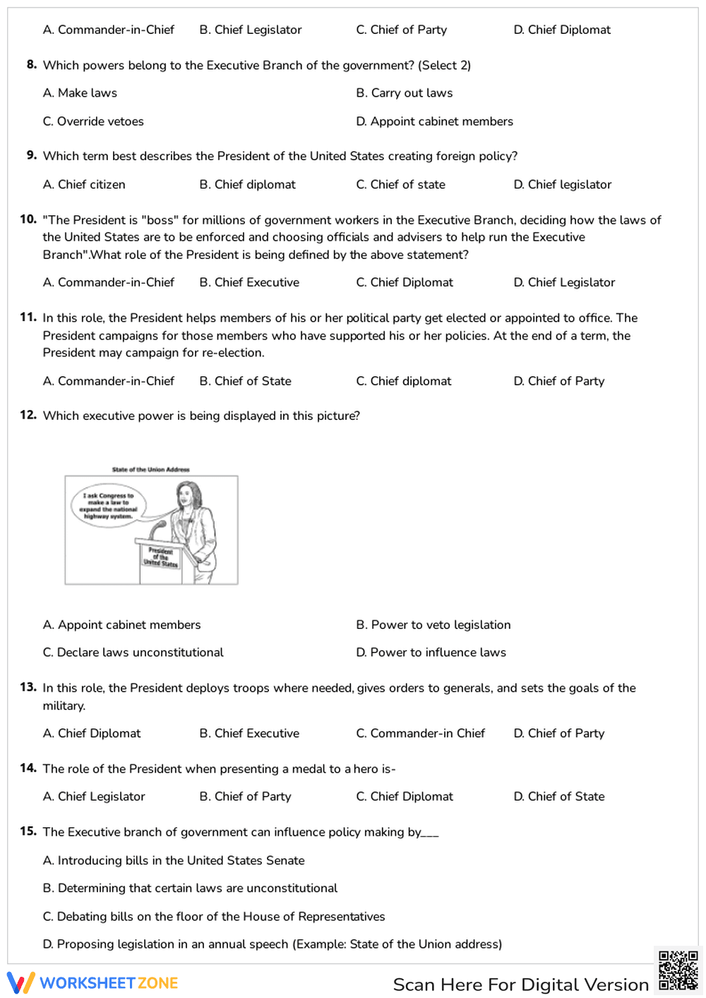 Printable Roles of the President Quiz | Grade 7-8 Civics - Page 2