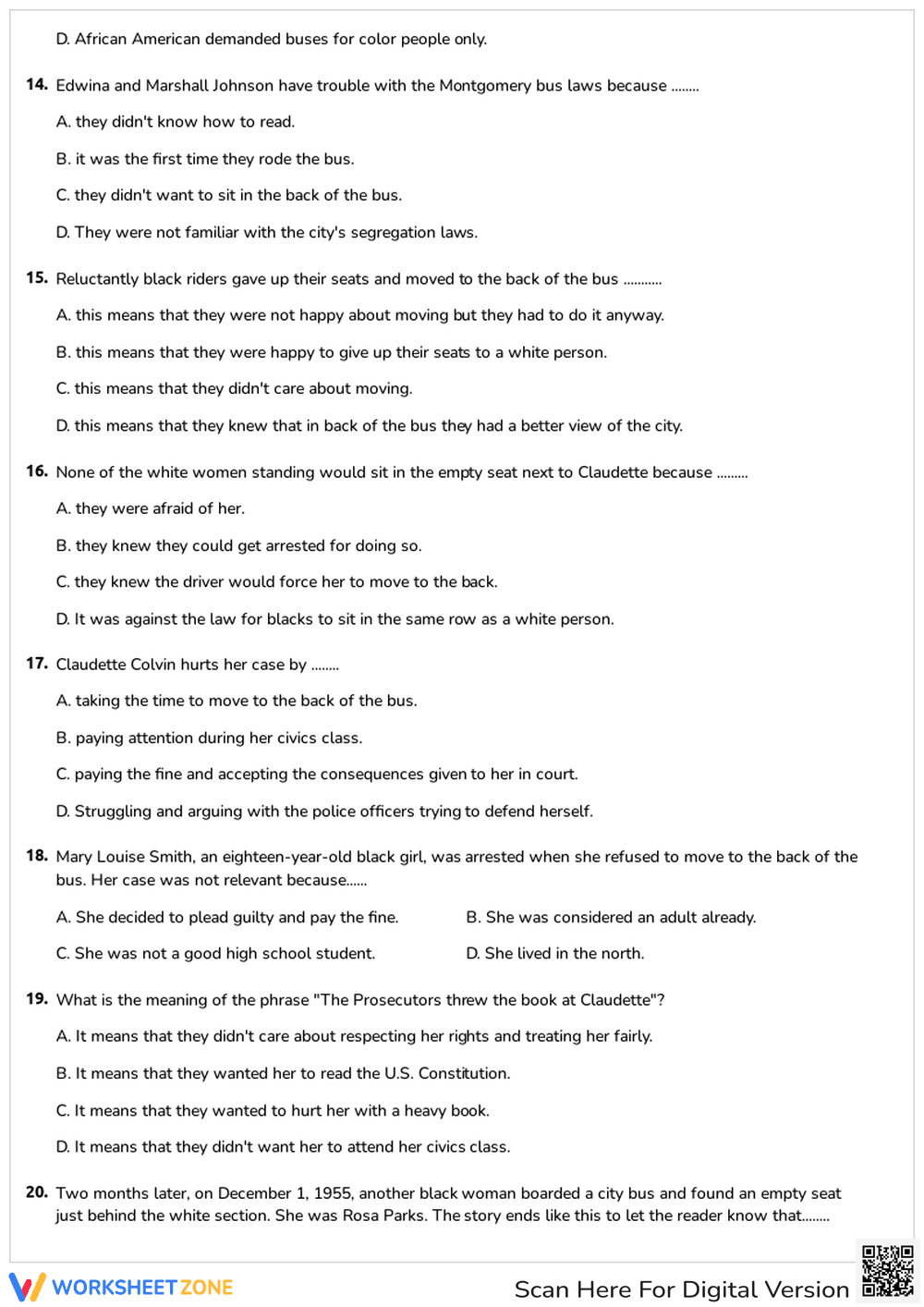Grade 5 Civil Rights History — Printable No-Prep Worksheet - Page 3