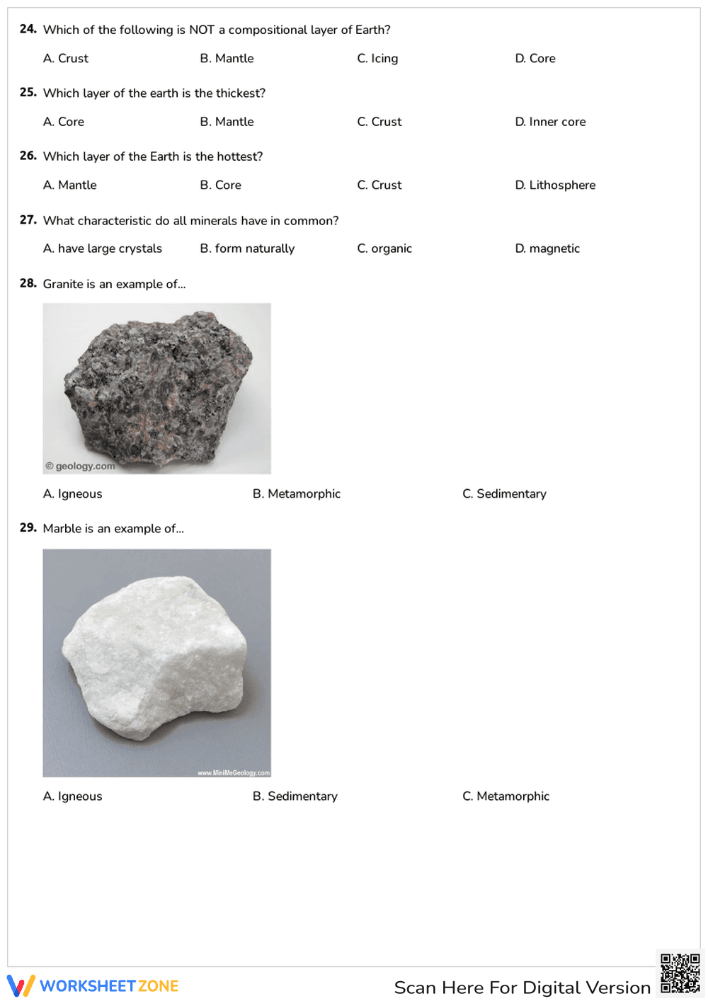 Grade 6 Rocks and Minerals — Printable No-Prep Worksheet - Page 3
