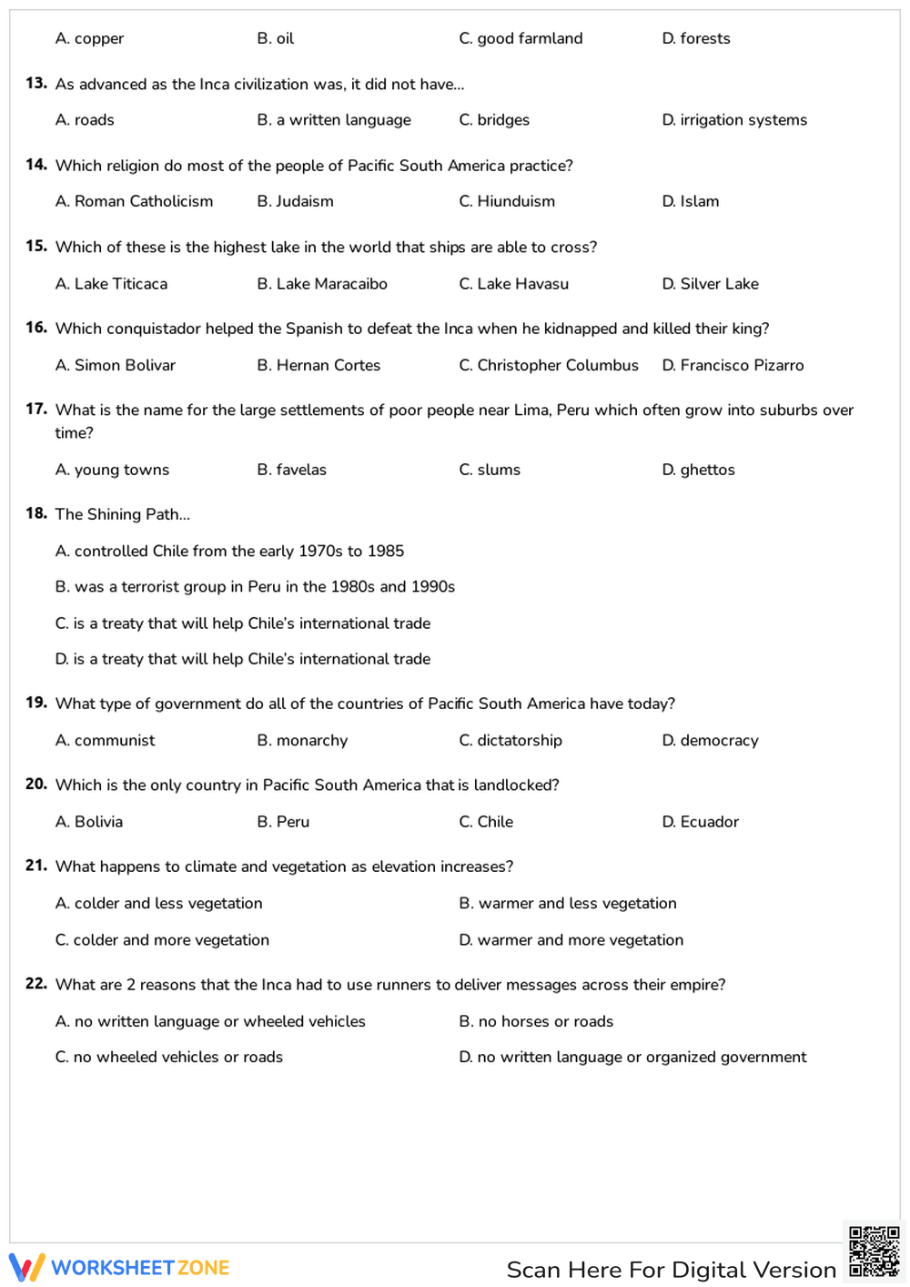 Pacific South America Quiz | Printable Grade 6 Geography - Page 2