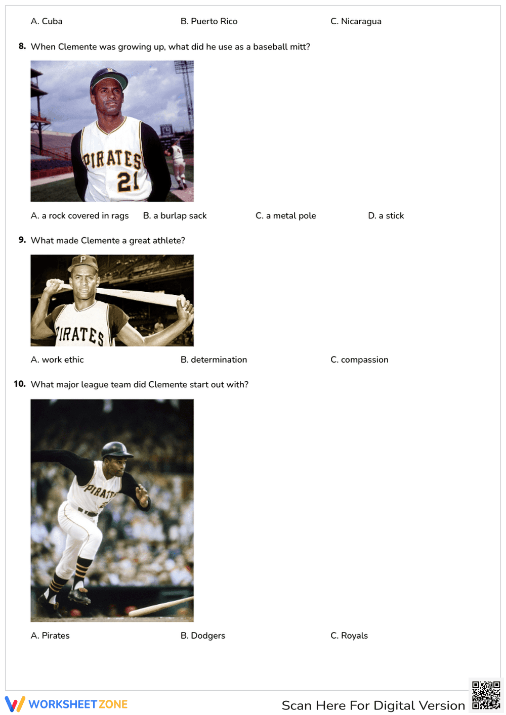 Printable Roberto Clemente Quiz | Grade 3 History - Page 2