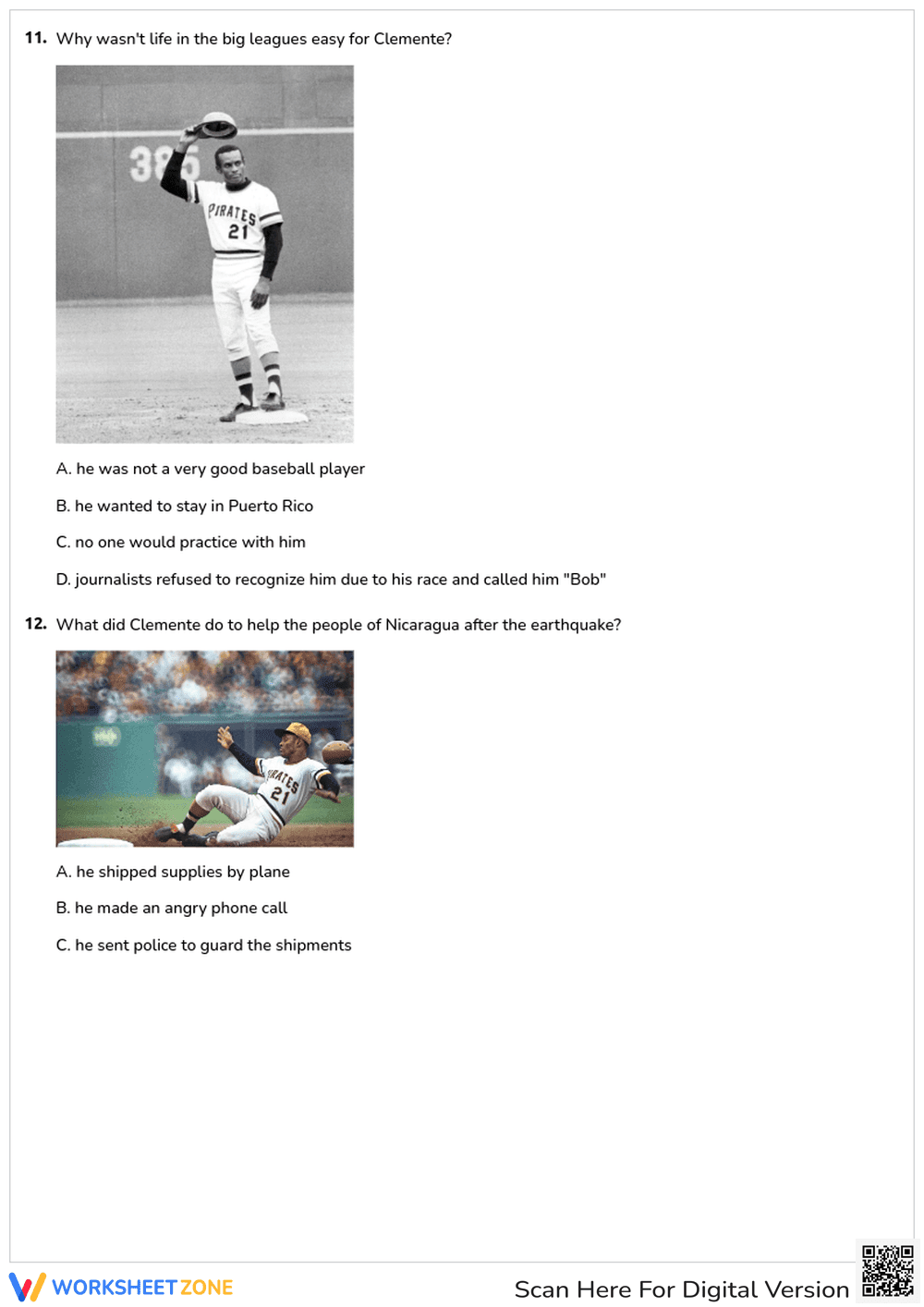 Printable Roberto Clemente Quiz | Grade 3 History - Page 3