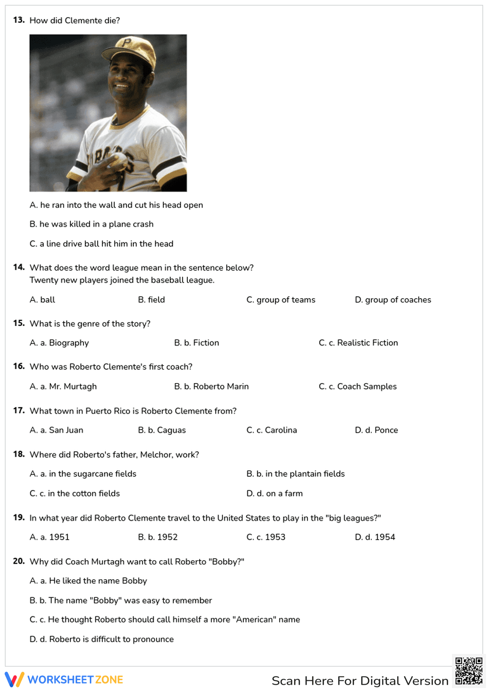 Printable Roberto Clemente Quiz | Grade 3 History - Page 4