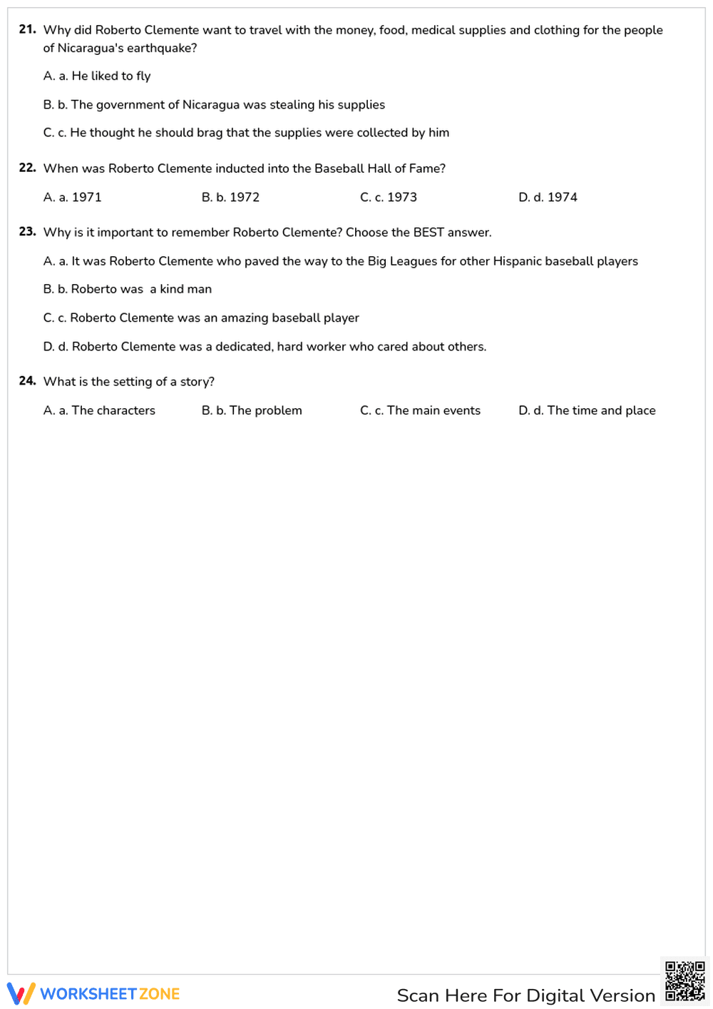 Printable Roberto Clemente Quiz | Grade 3 History - Page 5