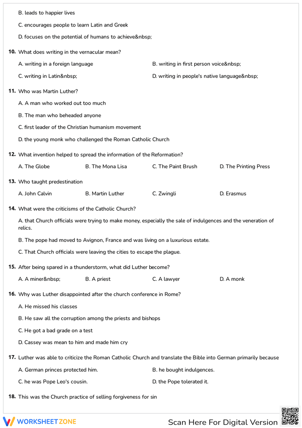 Protestant Reformation Worksheet | Grade 8 Printable - Page 2