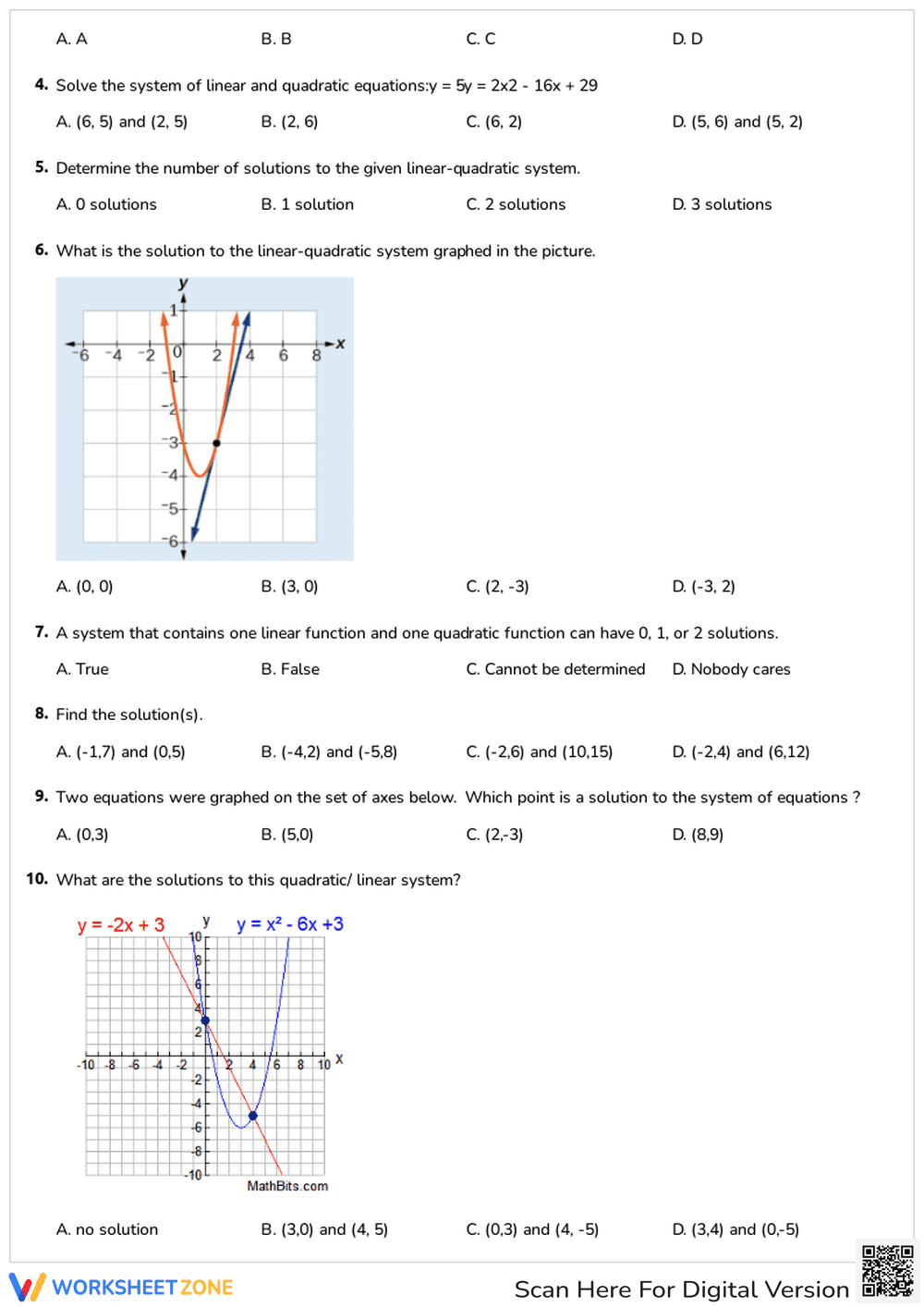 Quadratic Linear Systems Worksheet | Essential Grade 8-10 - Page 2