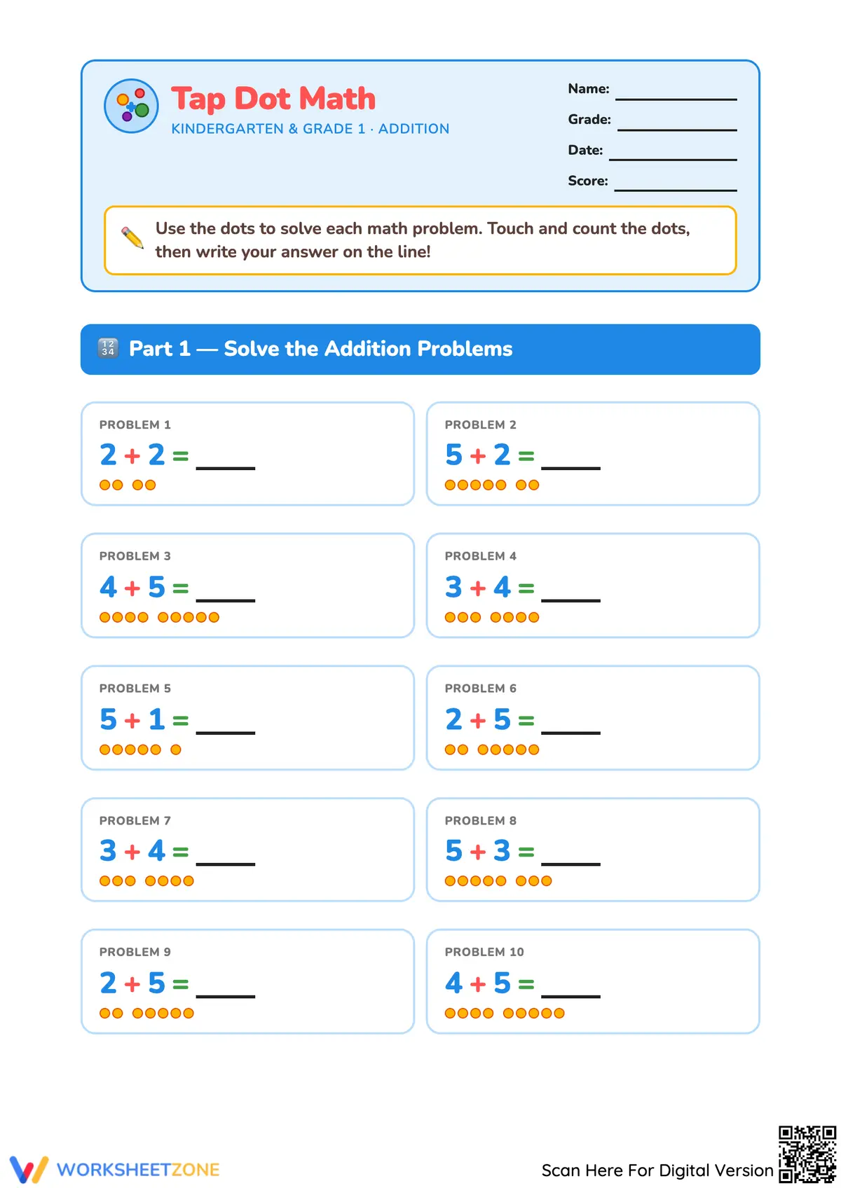 Dot Math Addition Tap Dot Math – Fun Addition Within 10 Worksheet for Kids