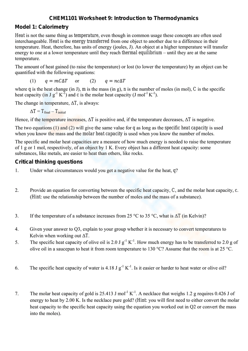 Thermodynamics Worksheet.pdf Introduction to Thermodynamics: Science Worksheet