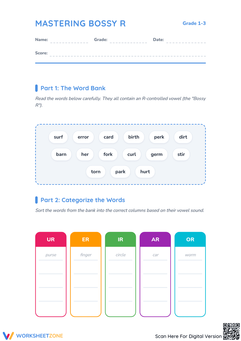 Bossy R Worksheet Matching Bossy R Sorting Worksheet | Grade 2 Printable ELA