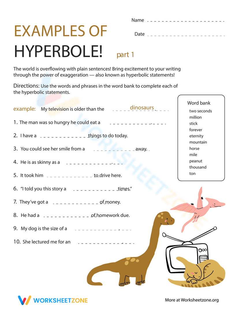 Hhyperbole Example Examples of Hyperbole Worksheet