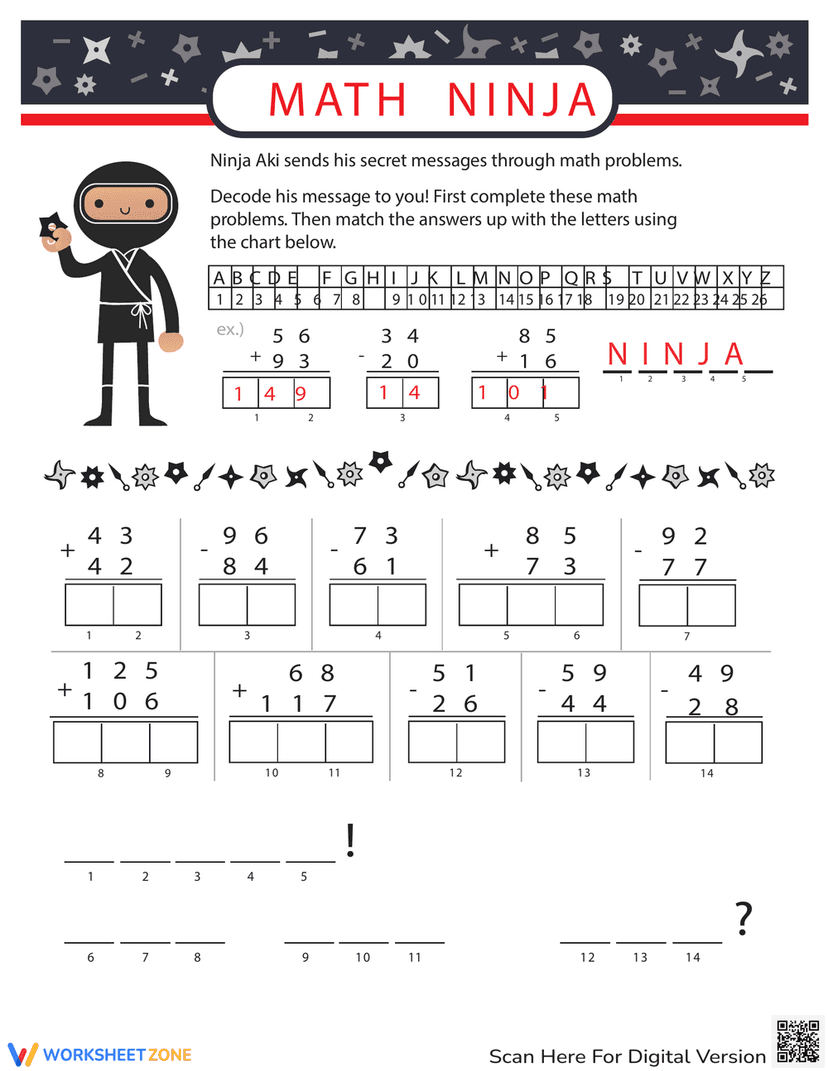 Number Ninja Math Fun with Numbers: Ninja Math Code Worksheet