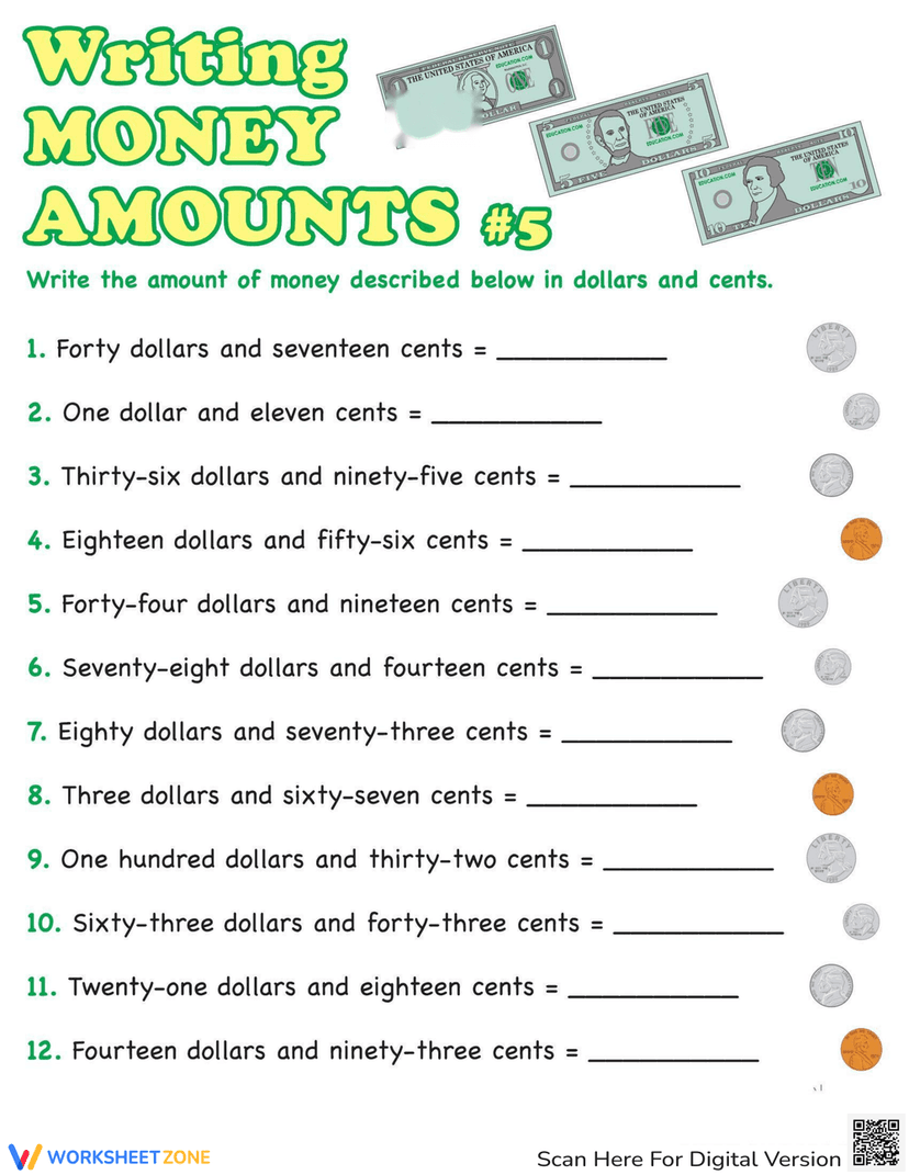 Coin Writing Writing Money Amounts With Coins Worksheets