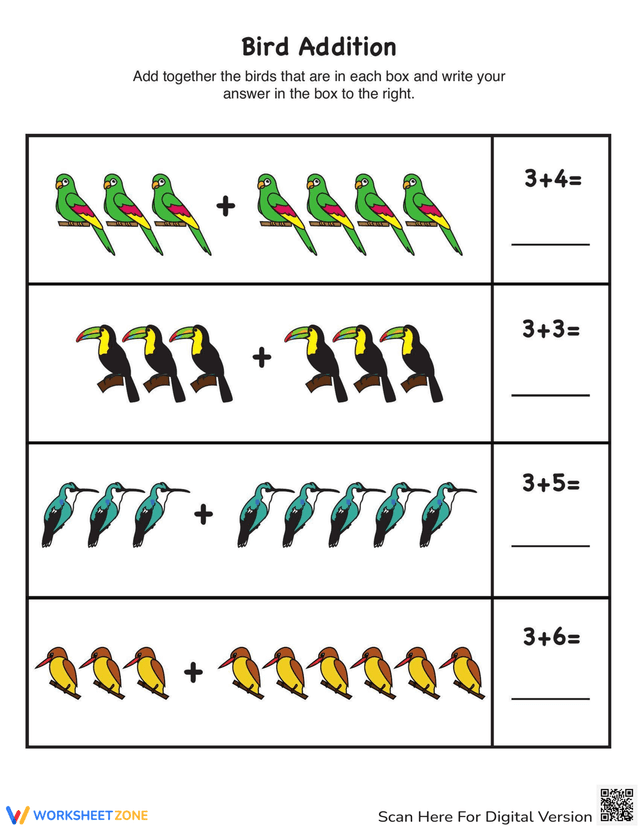 Addition Example Using Red Bird Bird Addition Math Worksheet for Kids