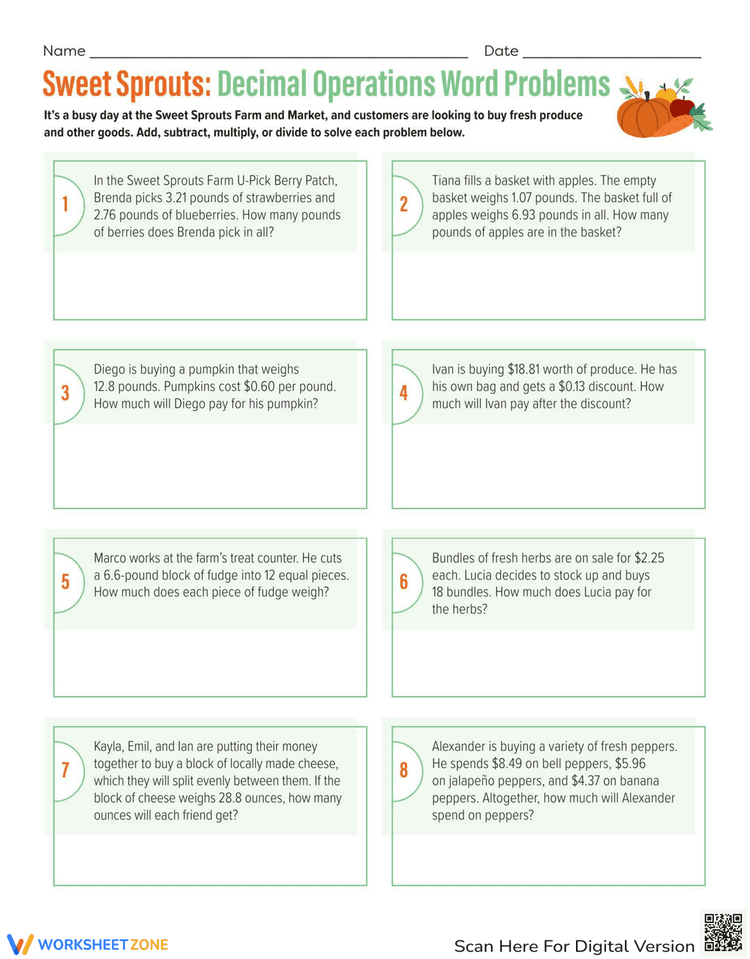 Decimal Word Problems Examples Decimal Operations Word Problems Worksheet