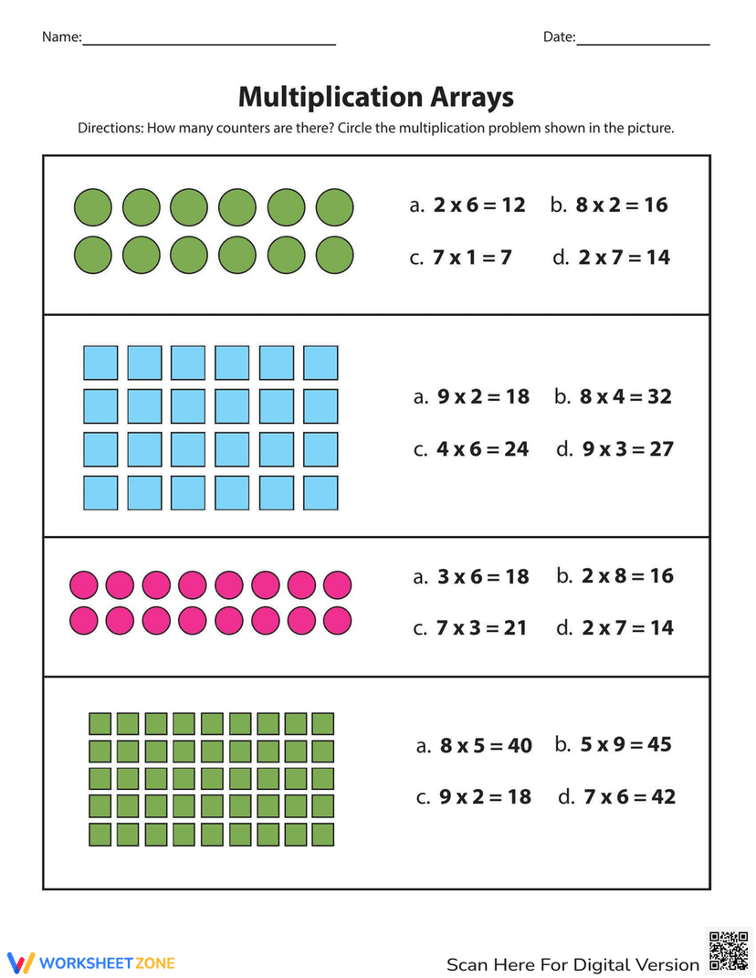 Multiple Choice Array Multiplication Practice Worksheets