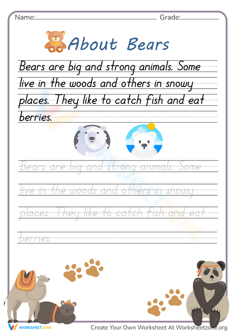 Cursive Bears Script Bears Cursive Handwriting Worksheet | Grade 3 Essential