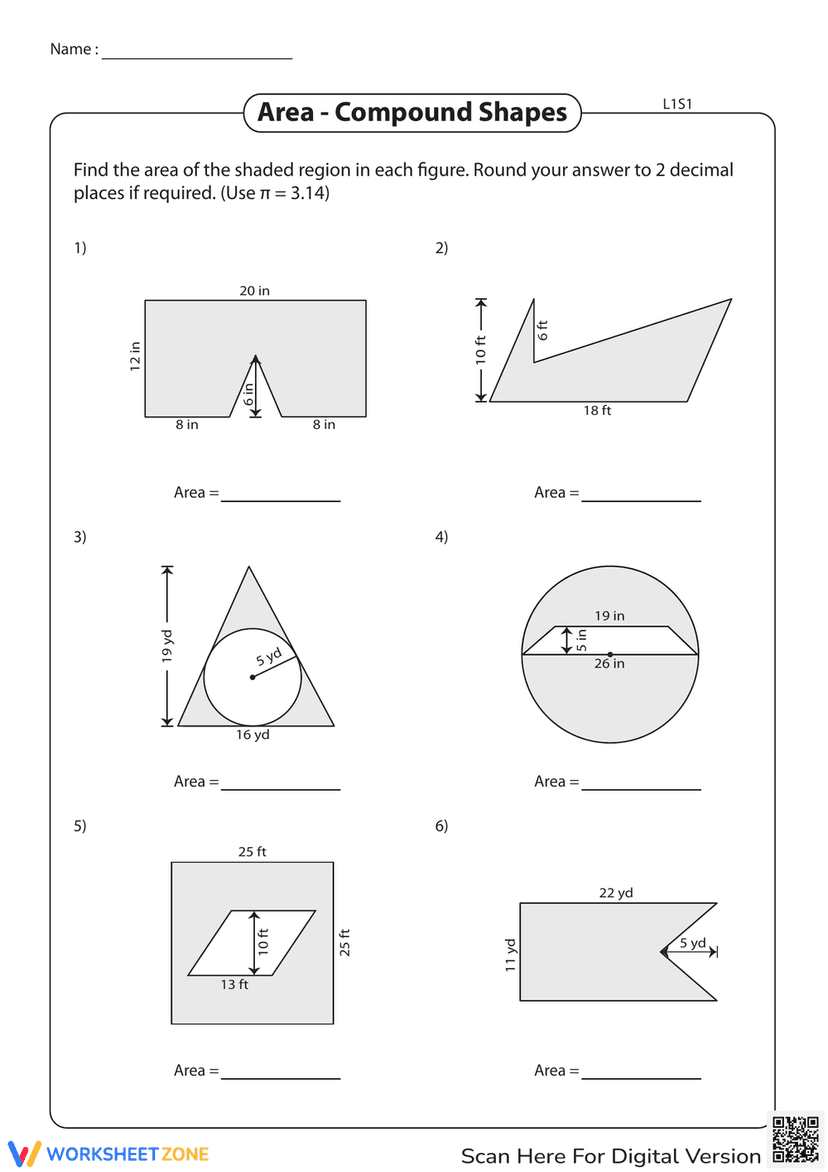 Shape Area Questions Area of Compound Shapes Practice Worksheet