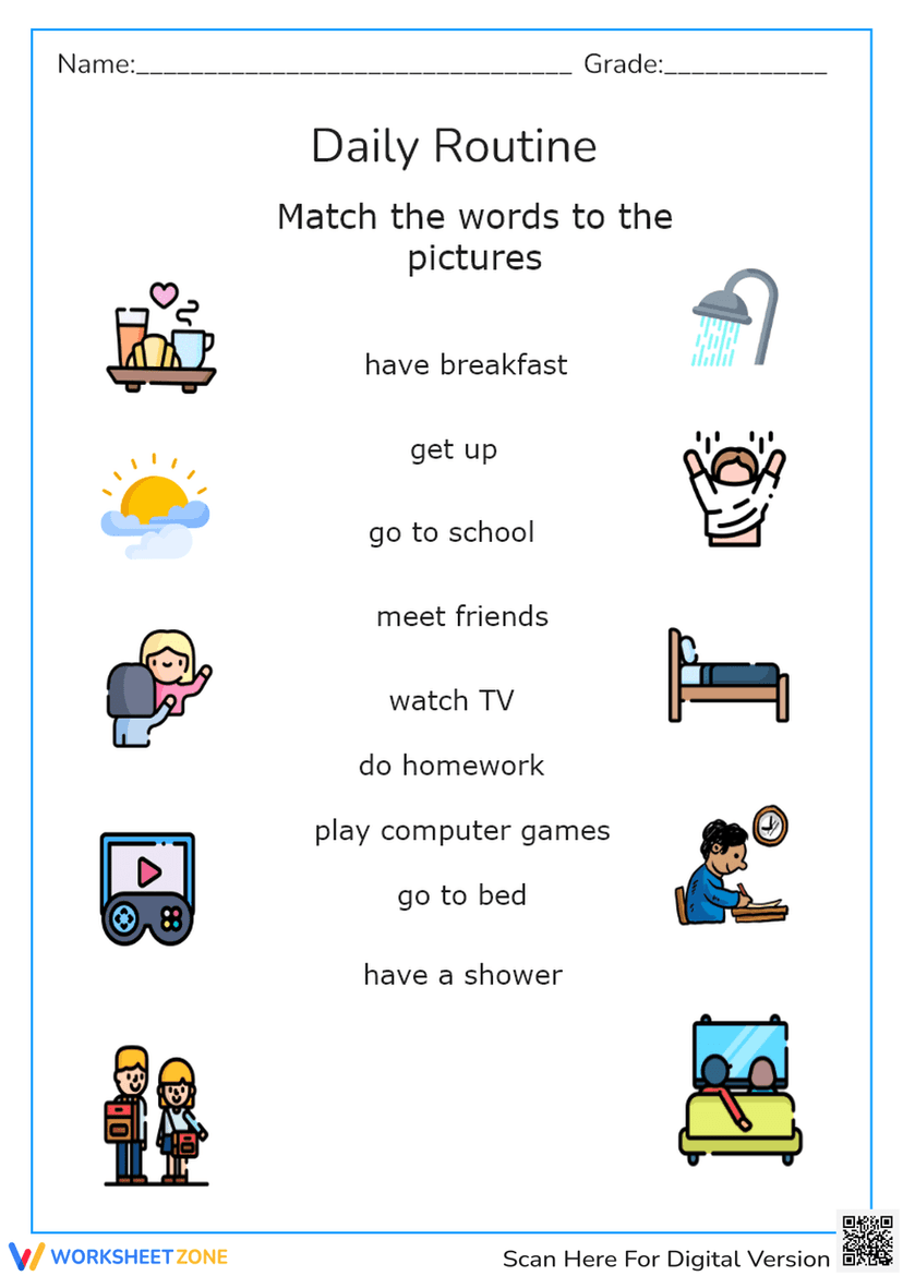 Daily Routine Word Finding Daily Routine Vocabulary Matching Worksheet