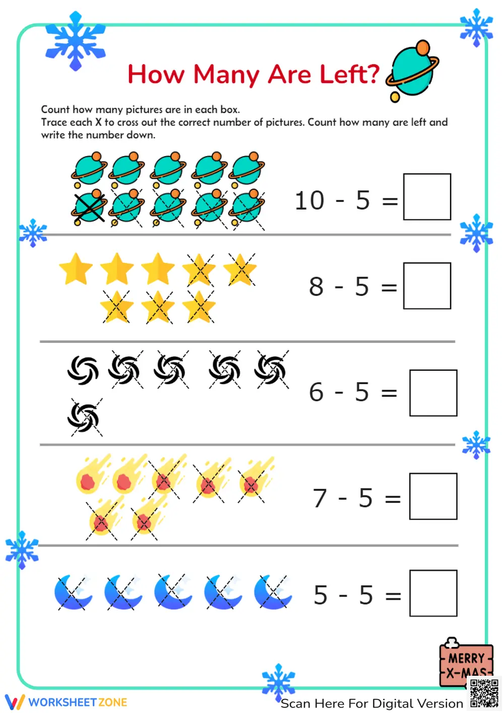 Lefties Math Cosmic Subtraction: How Many Are Left? - Math Worksheet for Kids