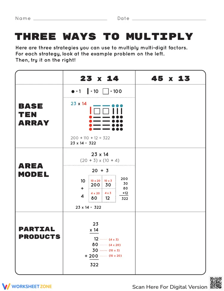 Multiplying Threee Functions Printable Three Ways to Multiply Worksheet | Grade 4