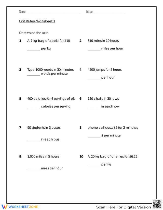 Using Unit Rates Worksheets Practice Calculating Unit Rate Worksheets