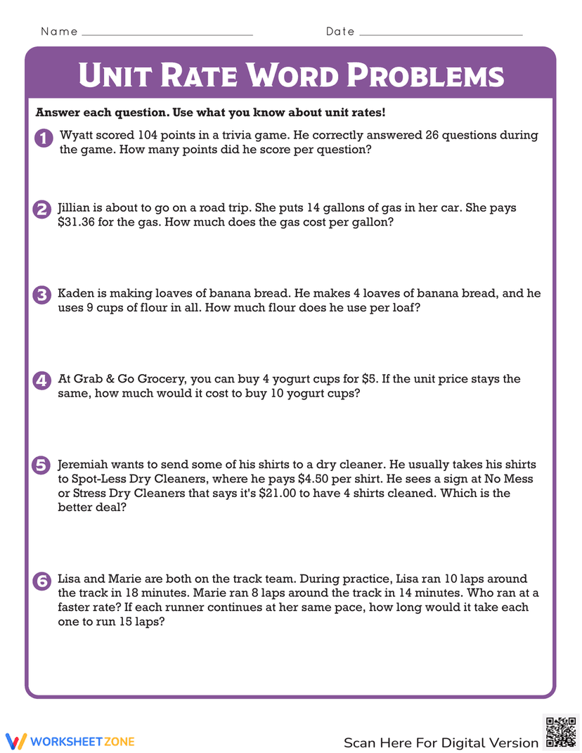 Solve Unit Rates Solving Unit Rate Word Problems: Practice Makes Perfect Worksheets