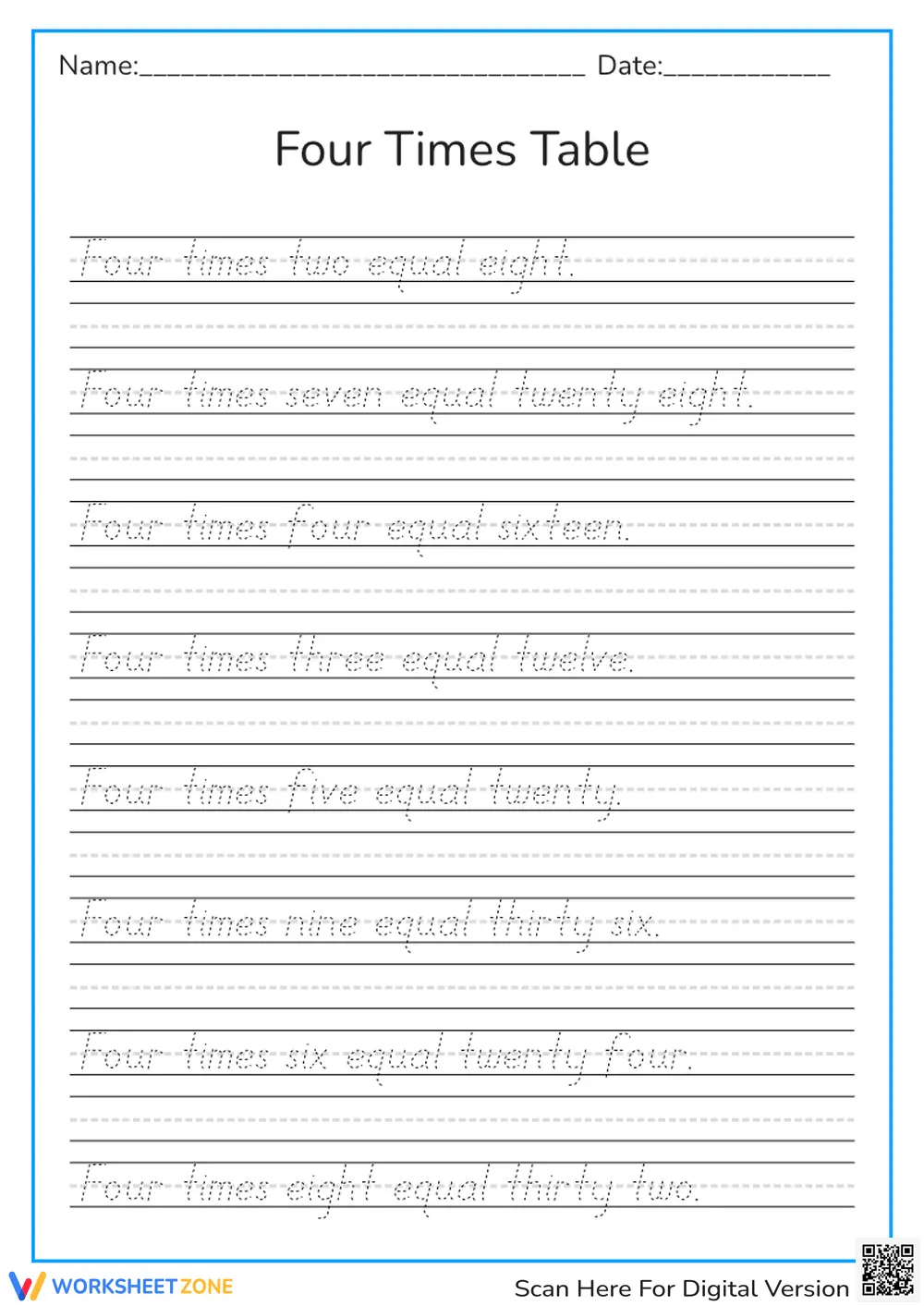Table Handwriting Four Times Table Handwriting Practice Worksheets