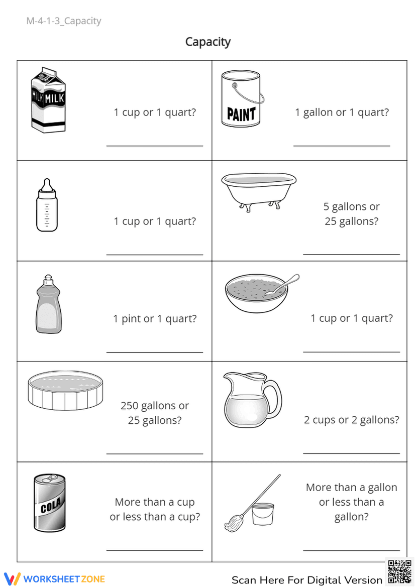 Gallon Capacity Worksheet.pdf Capacity Measurement Practice - Cups, Quarts, Gallons Worksheet