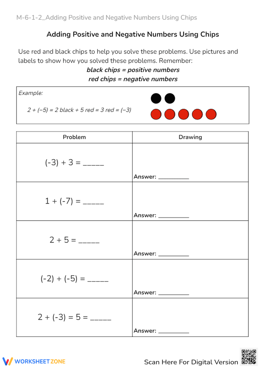 Numbers Chips Worksheet Adding Integers with Chips - Positive & Negative Numbers Practice ...