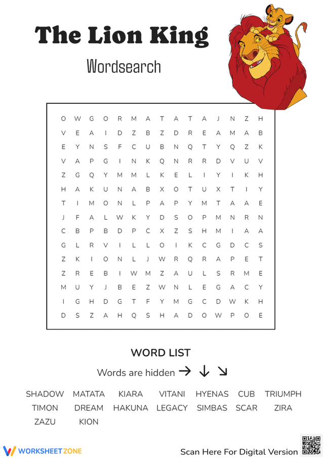 Simba Worksheet The Lion King Word Search - Find Simba, Timon & More! Worksheets
