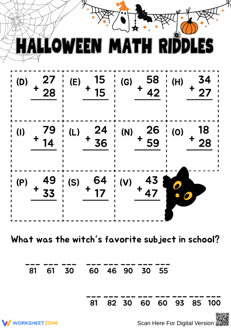 Tuesday Work Riddles Halloween Math Riddles with 2-Digit Addition Worksheet