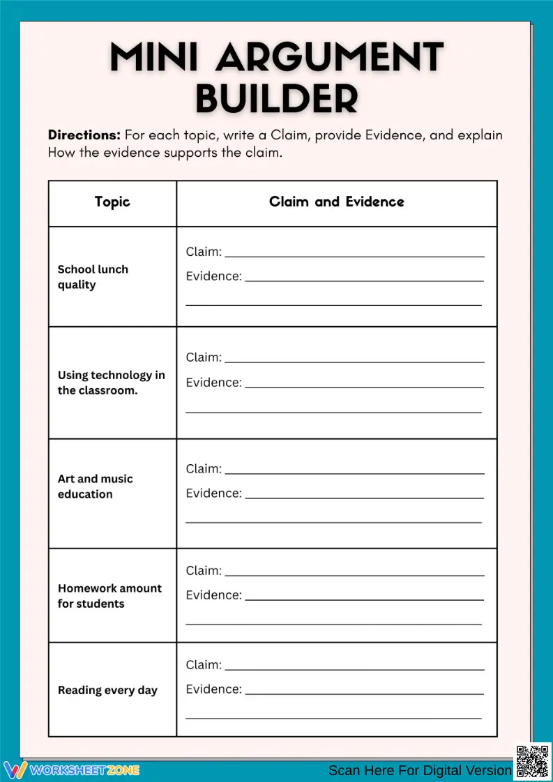 Mini Argument Examples Mini Argument Builder – Claim and Evidence Writing Worksheets