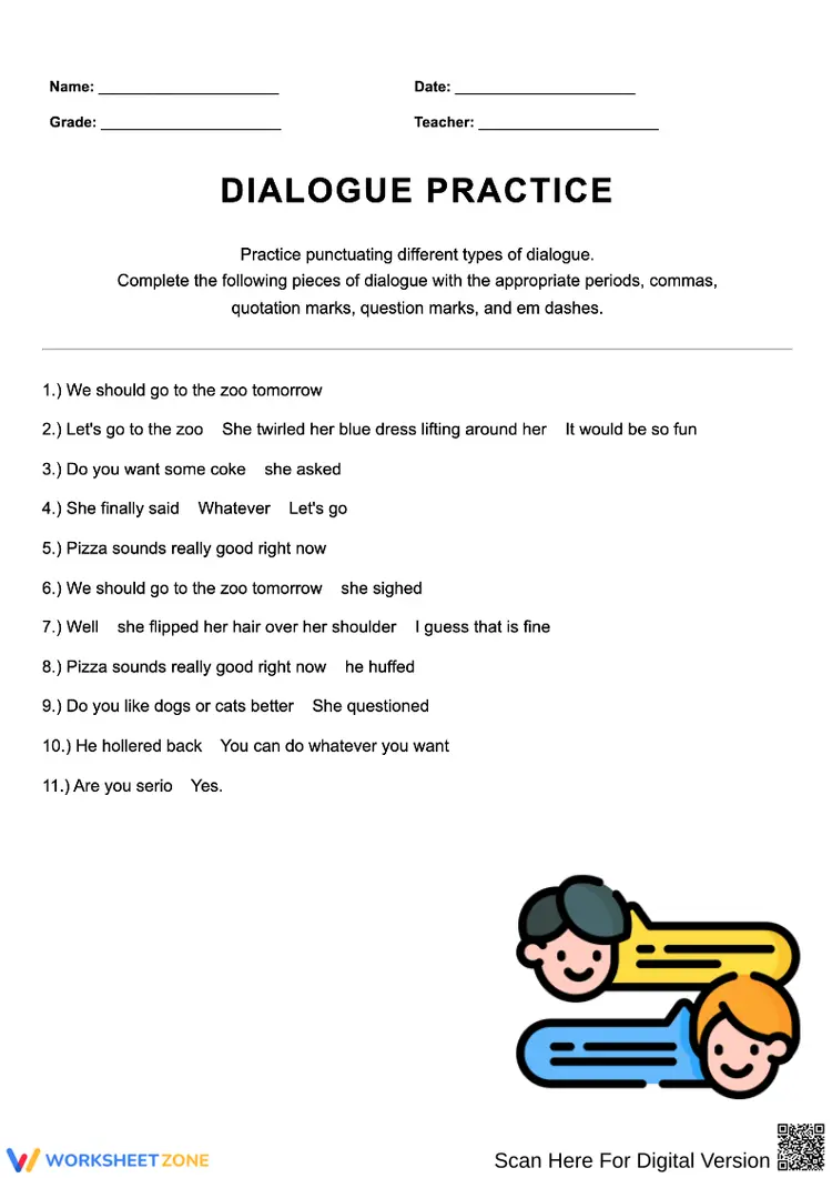 Writing Dialogue Practice Worksheet Dialogue Punctuation Practice Worksheet